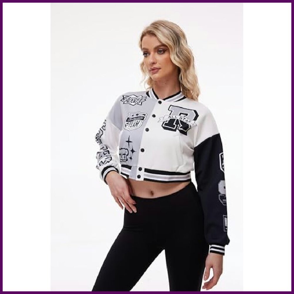 Cropped Varsity Bomber Jacket Polyester Spandex L… - image 5